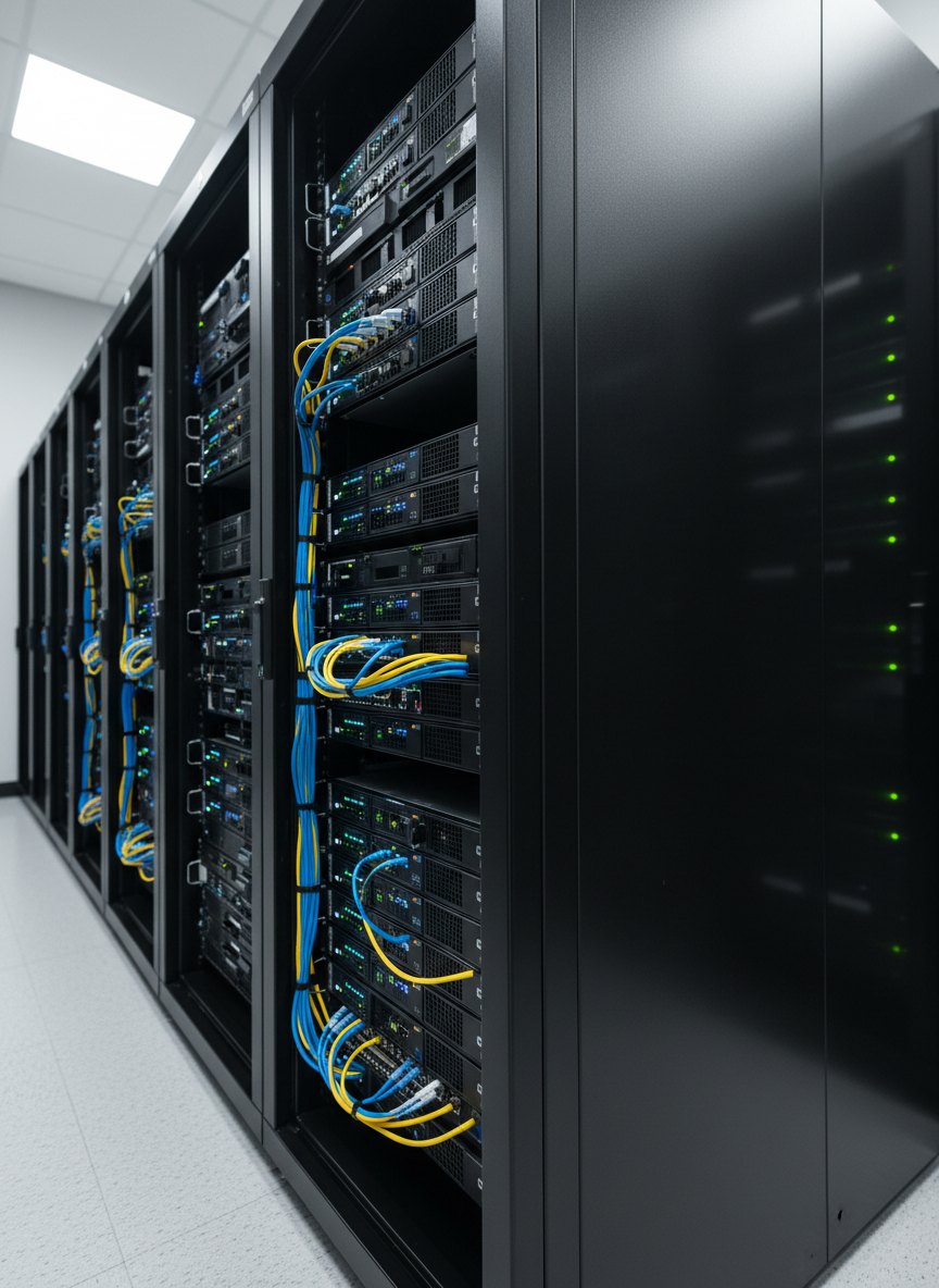 A close-up of a polished black server rack in a secure data center, filled with neatly arranged enterprise-grade hardware, fiber cables color-coded in blue and yellow, and tiny status LEDs pulsing in rhythmic patterns. The metallic surfaces of the servers have a subtle brushed texture, reflecting the cool white overhead lighting. The background fades into softly blurred rows of additional racks, emphasizing scale and redundancy. Photographic realism with a slightly low, three-quarter angle composition highlights the structured order, resilience, and reliability of the infrastructure, evoking a professional, controlled, and highly secure environment suitable for critical government and corporate systems.