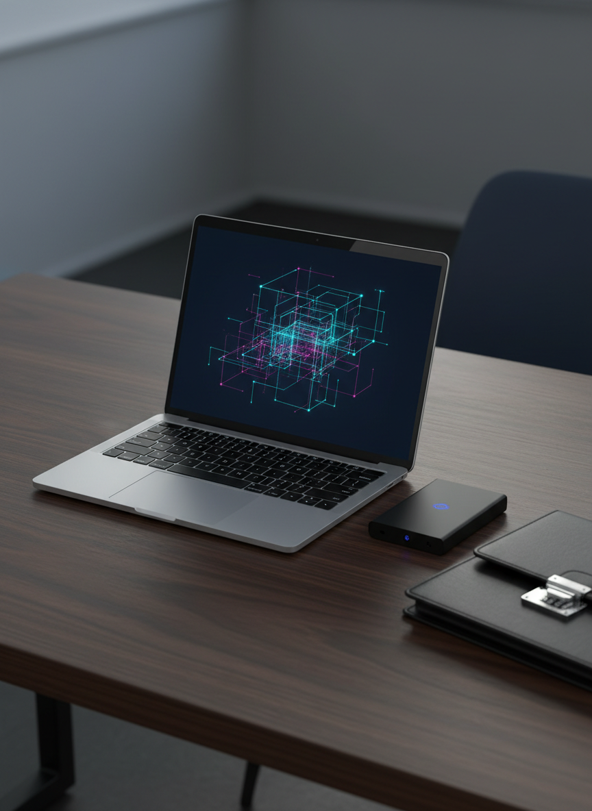 An elegant, minimalist desk setup representing strategic cyber intelligence analysis, without any human presence. On a dark wooden desk sits a slim, metallic laptop showing an abstract yet realistic 3D network graph with nodes and connections in cyan and magenta tones against a deep navy background. Next to it, a secure hardware encryption device and a discreet, lockable document case suggest sensitive operations. Soft, directional studio lighting from the left creates gentle highlights and clean shadows, with the rest of the room fading to a tasteful blur. Photographic realism at a slightly elevated angle, rule-of-thirds composition, communicating precision, discretion, and analytical depth in cybersecurity intelligence work.