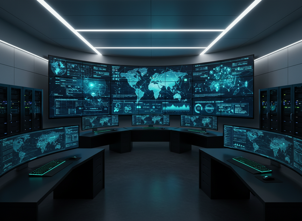 A sleek, ultra-modern cybersecurity command center without any people, featuring a curved wall of large, high-resolution monitors displaying detailed world maps, live network traffic, and threat intelligence dashboards in deep blues and emerald greens. In the foreground, minimalist black workstations with illuminated keyboards and secure servers are neatly arranged on a matte dark surface. Cool, controlled LED ceiling lighting and subtle glow from the screens create a focused, high-tech atmosphere. Shot at eye level with photographic realism, using a wide-angle lens to capture the full breadth of the room and a sharp depth of field, conveying professionalism, strategic coordination, and cutting-edge digital defense.